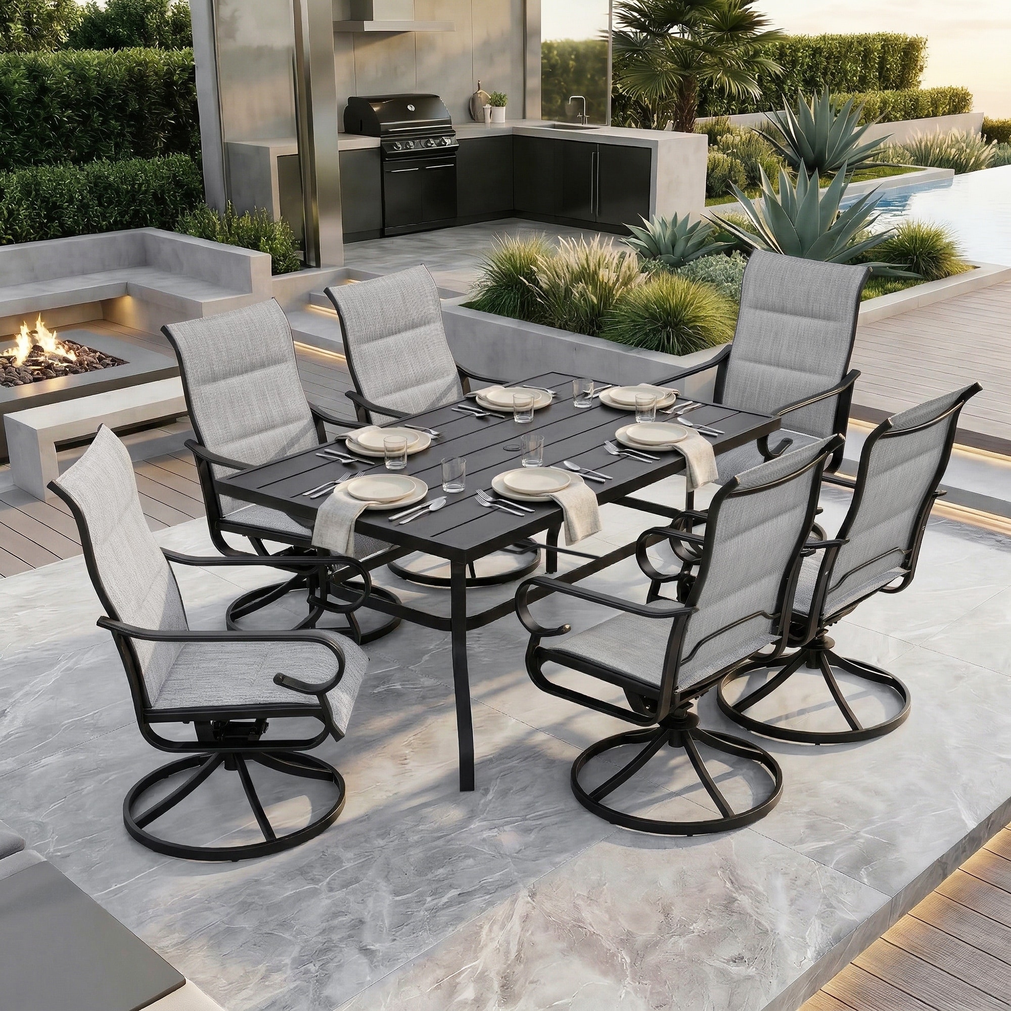Nuu Garden Textilene Patio Dining Set with Umbrella Hole, Swivel Design