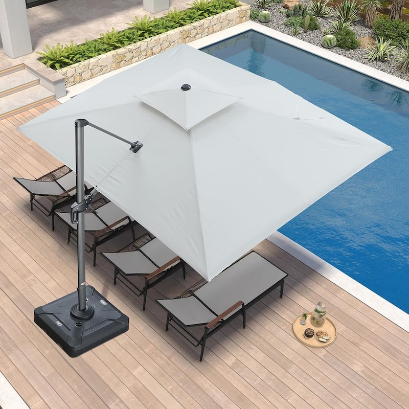 PURPLE LEAF 09x12/10x13 ft Rectangular Heavy Duty Large Offset Hanging 360°Rotation Patio Cantilever Umbrella with Base - White/09x12ft