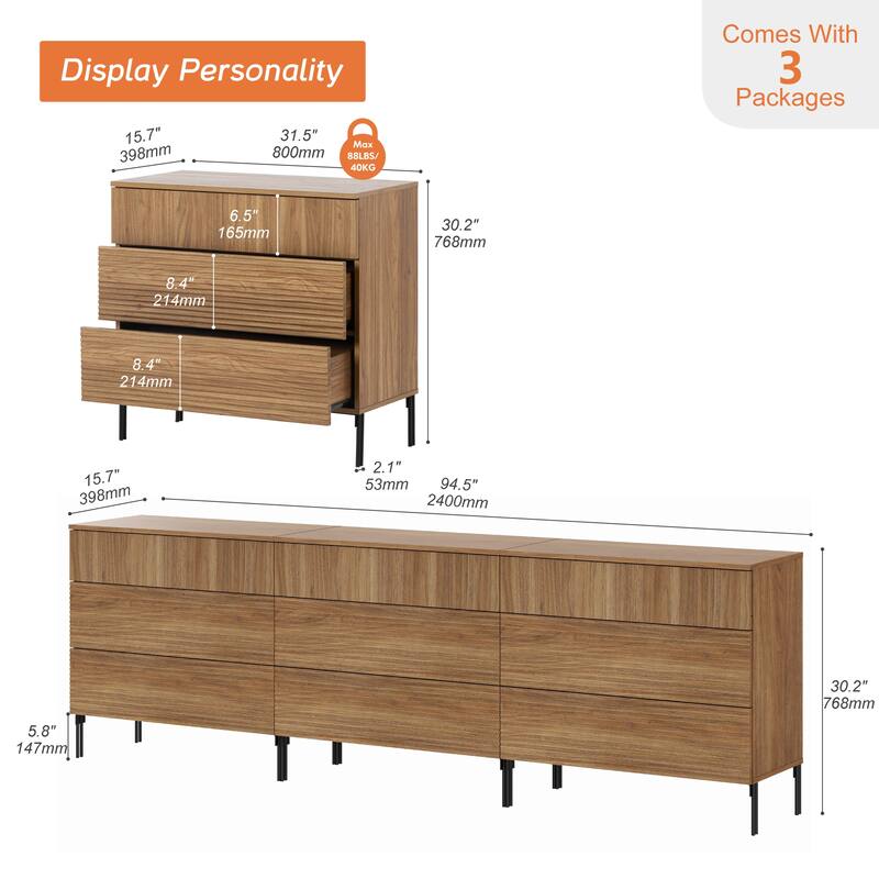 Modern Wood 3-Drawer Dresser With Reeded Design, Minimalist Dresser Organizer Storage
