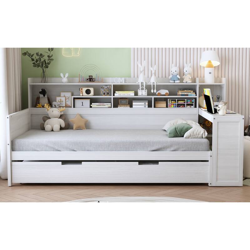 Full Size Daybed with Storage Shelves, Multi-Functional Bed with Twin Trundle and Built-In Study Desk, Space-Saving Design