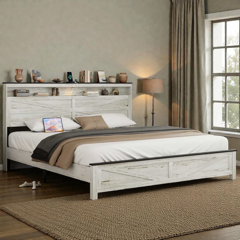 Floating Platform Bed Frame with LED Lights, Charging Station, Headboard & Hidden Storage, No Box Spring Needed