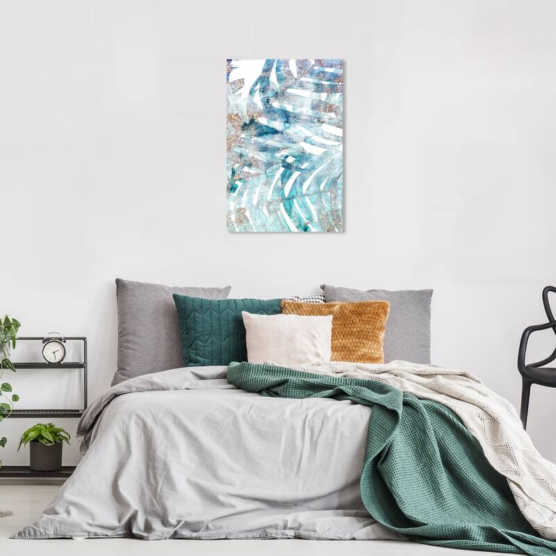 Wynwood Studio Canvas Floral and Botanical Magical Turquoise Leaf Blue and Metallic Gold Glam Wall Art Canvas Print - 24 x 16