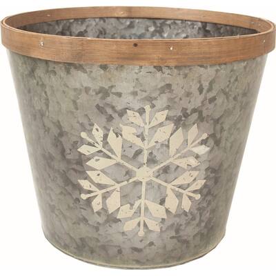 Silver With White Snowflake And Bamboo Trim Planter