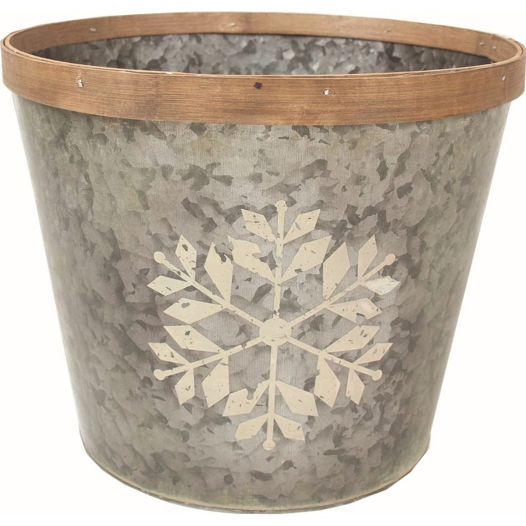 Silver With White Snowflake And Bamboo Trim Planter