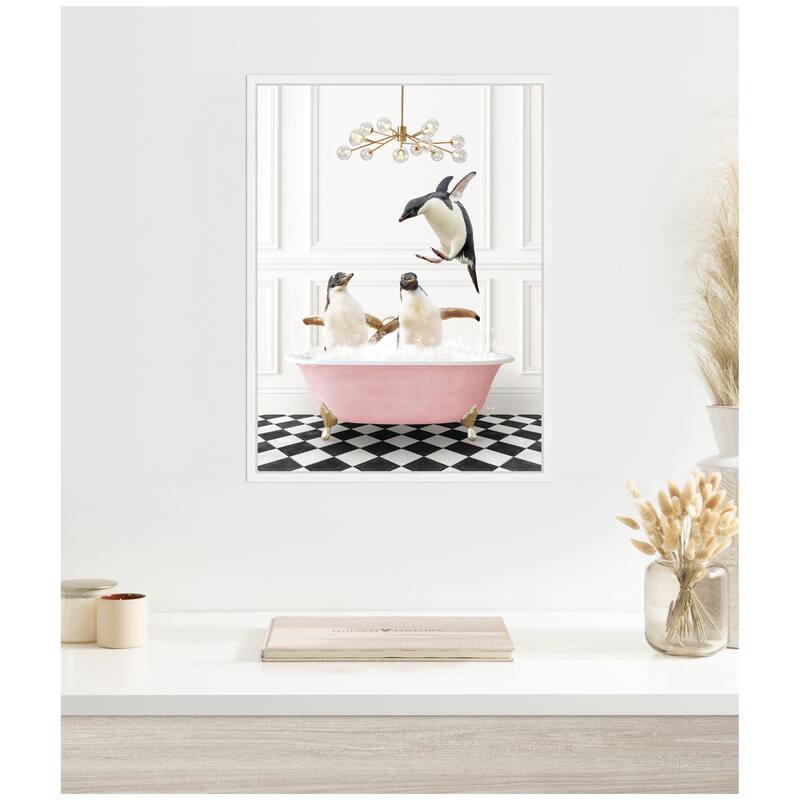 Kate and Laurel Sylvie Penguins in Pink Bathtub on Checker Floor Framed Canvas by Amy Peterson