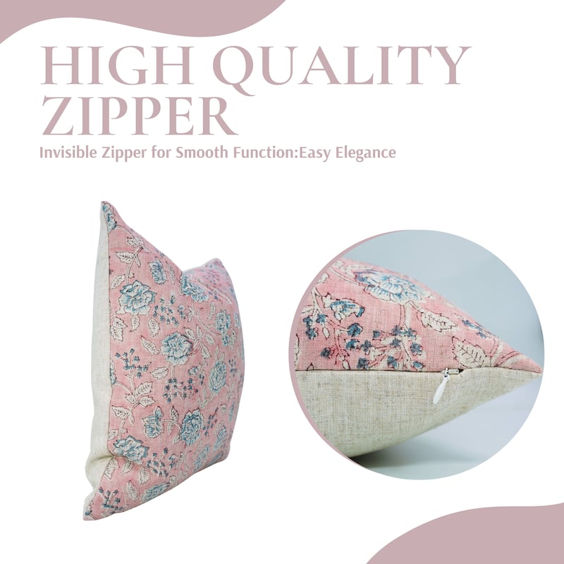 Fabdivine Pink or Gray Floral Accent Cushion Cover for Farmhouse Sofa, Bed Pillowcase 26x26 Inch Viscose Linen, Rameshwaram