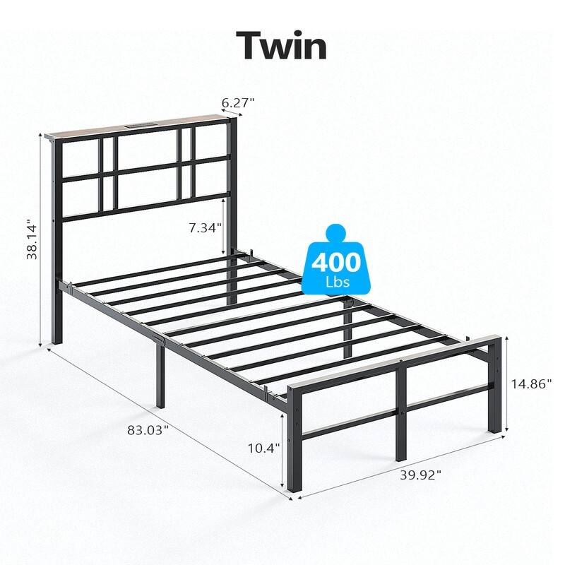 Twin Metal Platform Bed Frame with Storage Headboard,LED Lights,Charging Station,Wooden Storage Shelf,Underbed Storage Space