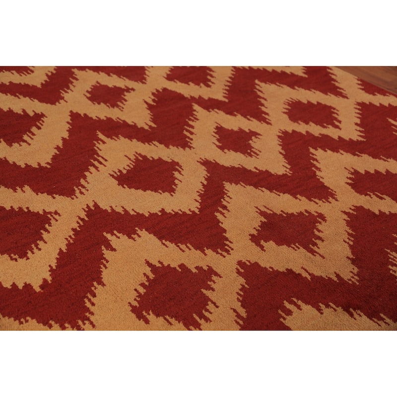 Hand Knotted Oriental 100% Wool Carpet Modern Geometric Red Moroccan Area Rug - 9' 7'' X 7' 11''