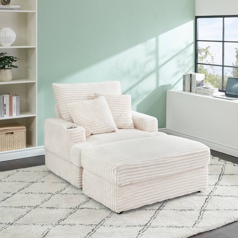 Modern Corduroy 1-Seater Sofa with Ottoman Bench and Cup Holder, Plush Gray Couch with Pillows - White