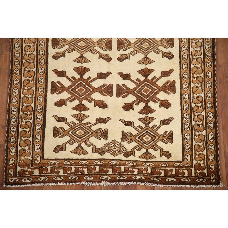 Hand Knotted Oriental 100% Wool Carpet Traditional Geometric Beige & Ivories Balouch Runner Rug - 6' 8'' X 3' 4''