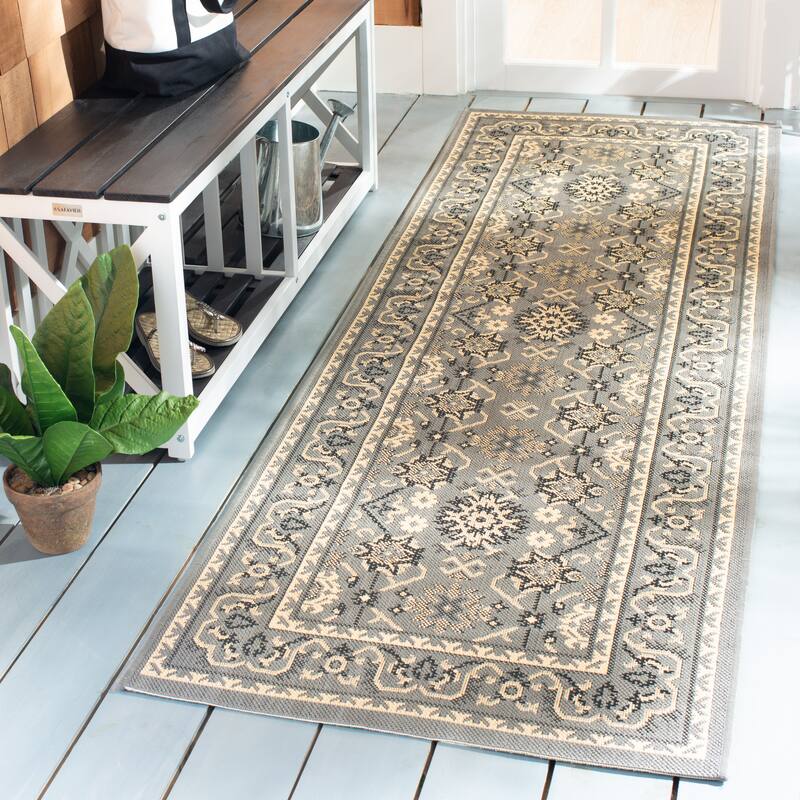 SAFAVIEH Courtyard Erlwine Indoor/ Outdoor Waterproof Patio Backyard Rug - 2'7" x 8'2" Runner - Grey/Cream