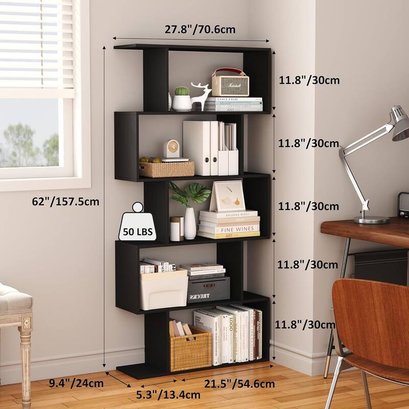 S-Shaped Bookshelf, Black Geometric Bookcase for Home & Office