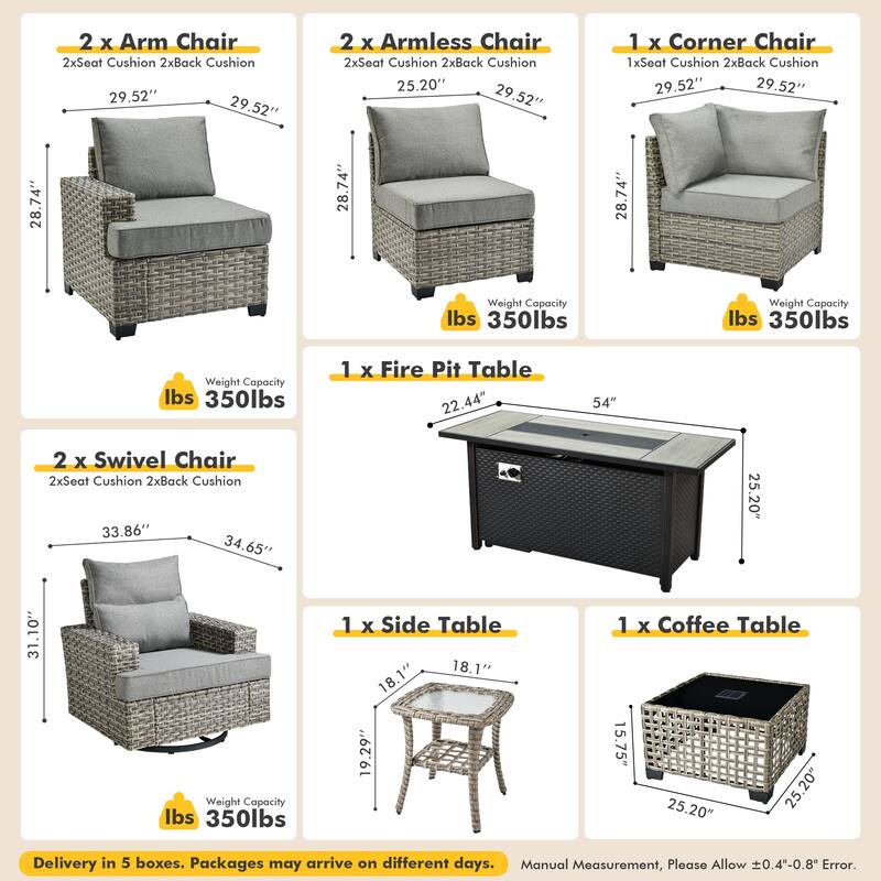 HOOOWOOO 10-piece Rattan Wicker Patio Outdoor Furniture Fire Pit Set with Swivel Rocking Chairs