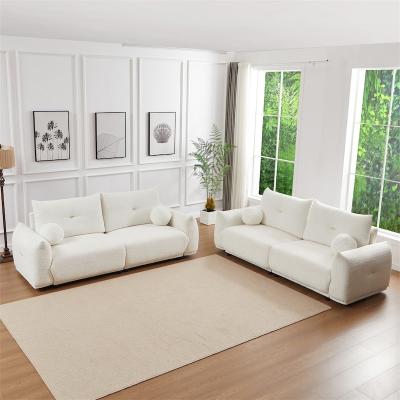 2 Piece Lamb's wool Loveseat Set with 2 Cushions and 2 Ball Pillows - Beige