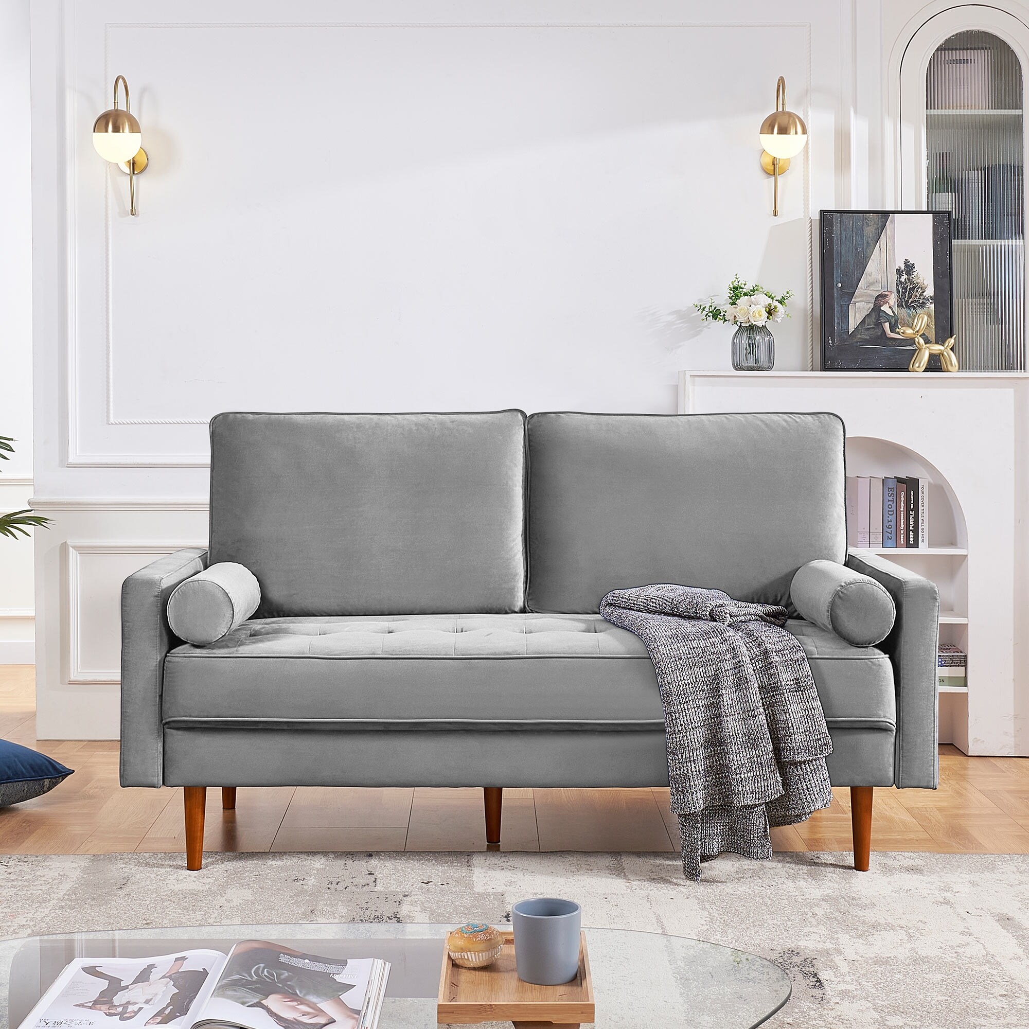 Mid century Velvet Couch for Dormitory Attic Living Room Eco Friendly Sleeper Sofa with Square Arms and Two Bolster Pillows