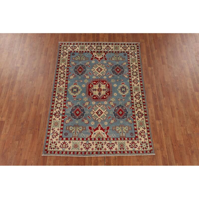 Light Blue Traditional Kazak Oriental Rug Hand-Knotted Wool Carpet - 4'9" x 6'10"
