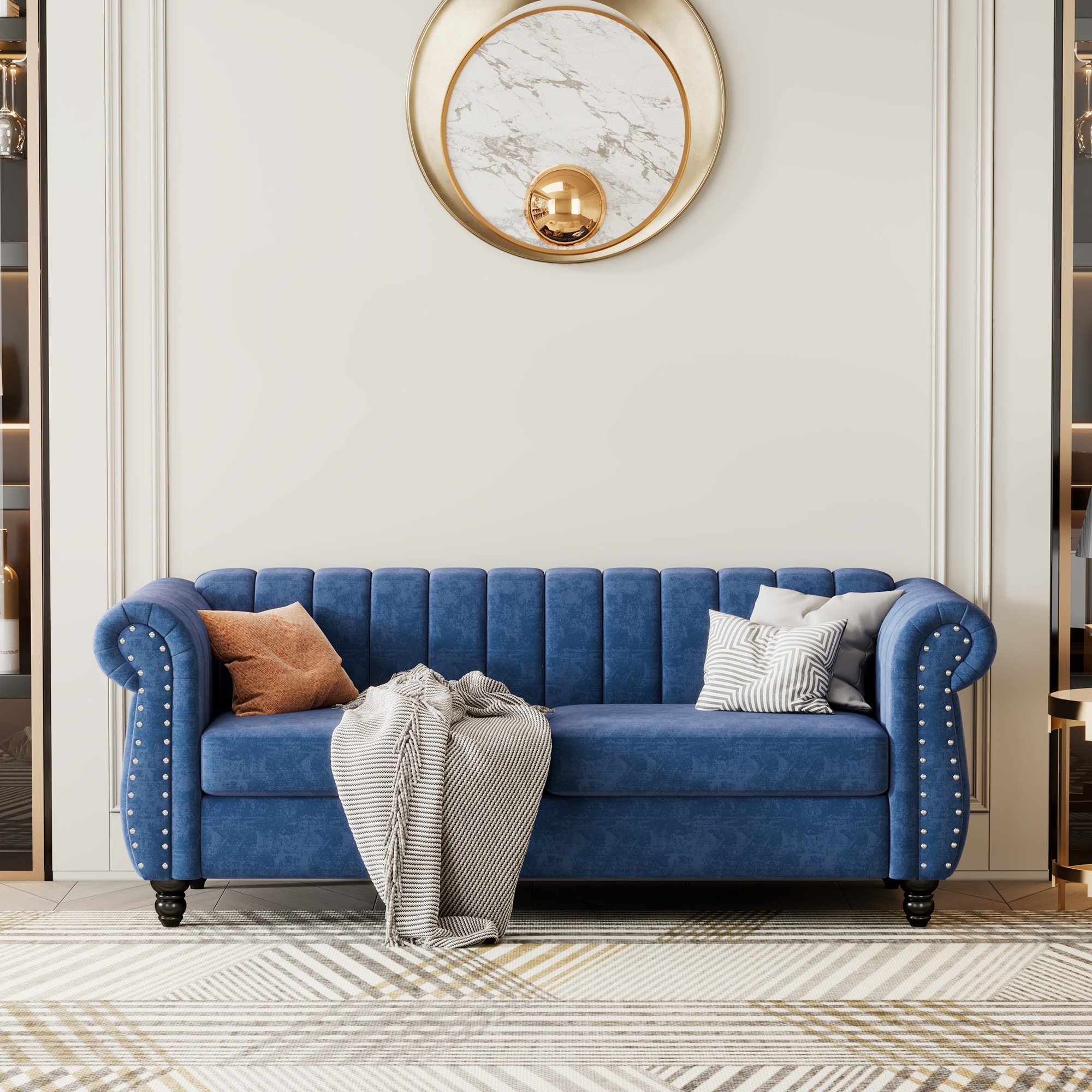 Blue sofa store with nailhead trim