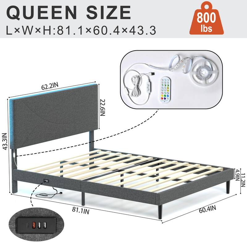 Homy Casa Platform Bed with LED Headboard & Charging Ports