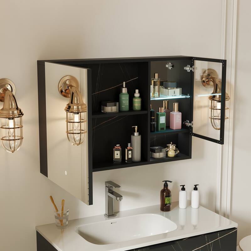 Recessed Mount Aluminum Frameless Medicine Cabinet With Glass Door, Adjustable LED Light, Mirrored Door, And Fixed Shelves