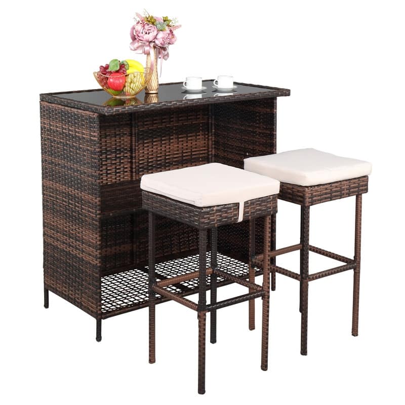 Outdoor Brown 3-Piece Rattan Wicker Bar Set with Beige Seat Cushions