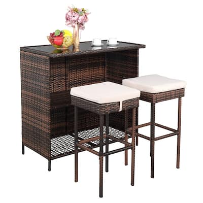 Outdoor Brown 3-Piece Rattan Wicker Bar Set with Beige Seat Cushions