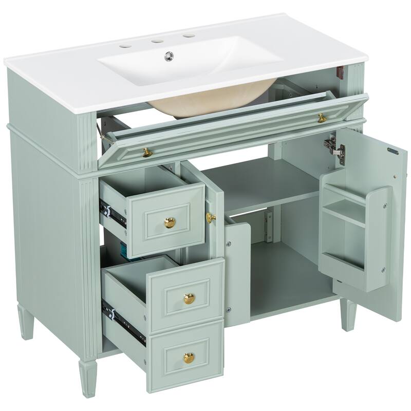 Roomfitters 36" Bathroom Vanity with Sink, Solid Wood Frame, Flip-Out Drawer, 3 Drawers & Soft-Close Doors