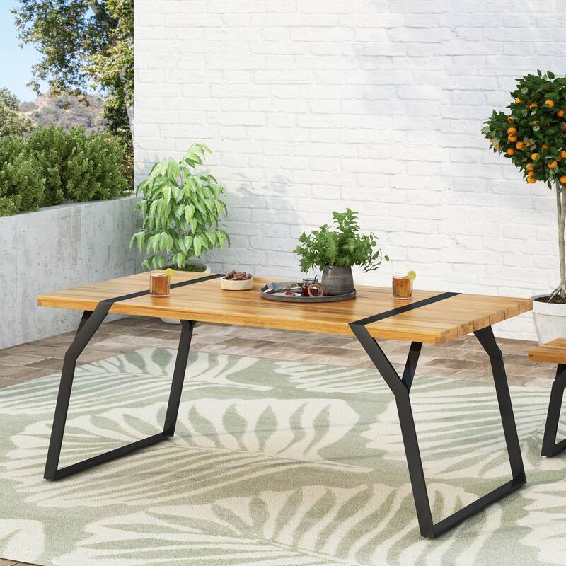 Roomfitters Outdoor Dining Table, Acacia Wood Top with Metal Frame, Patio or Garden Furniture in Natural Brown