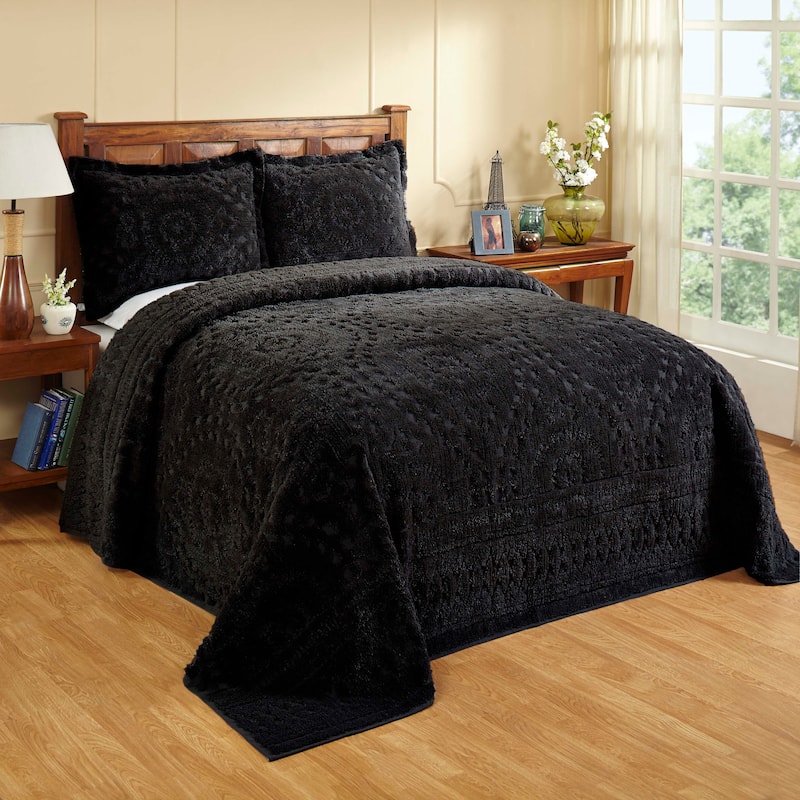 Better Trends Chenille Bedspread Set 100% Cotton Lightweight Soft Floral Bedding Design Tufted Coverlet Washable Rio Collection - Black - Full