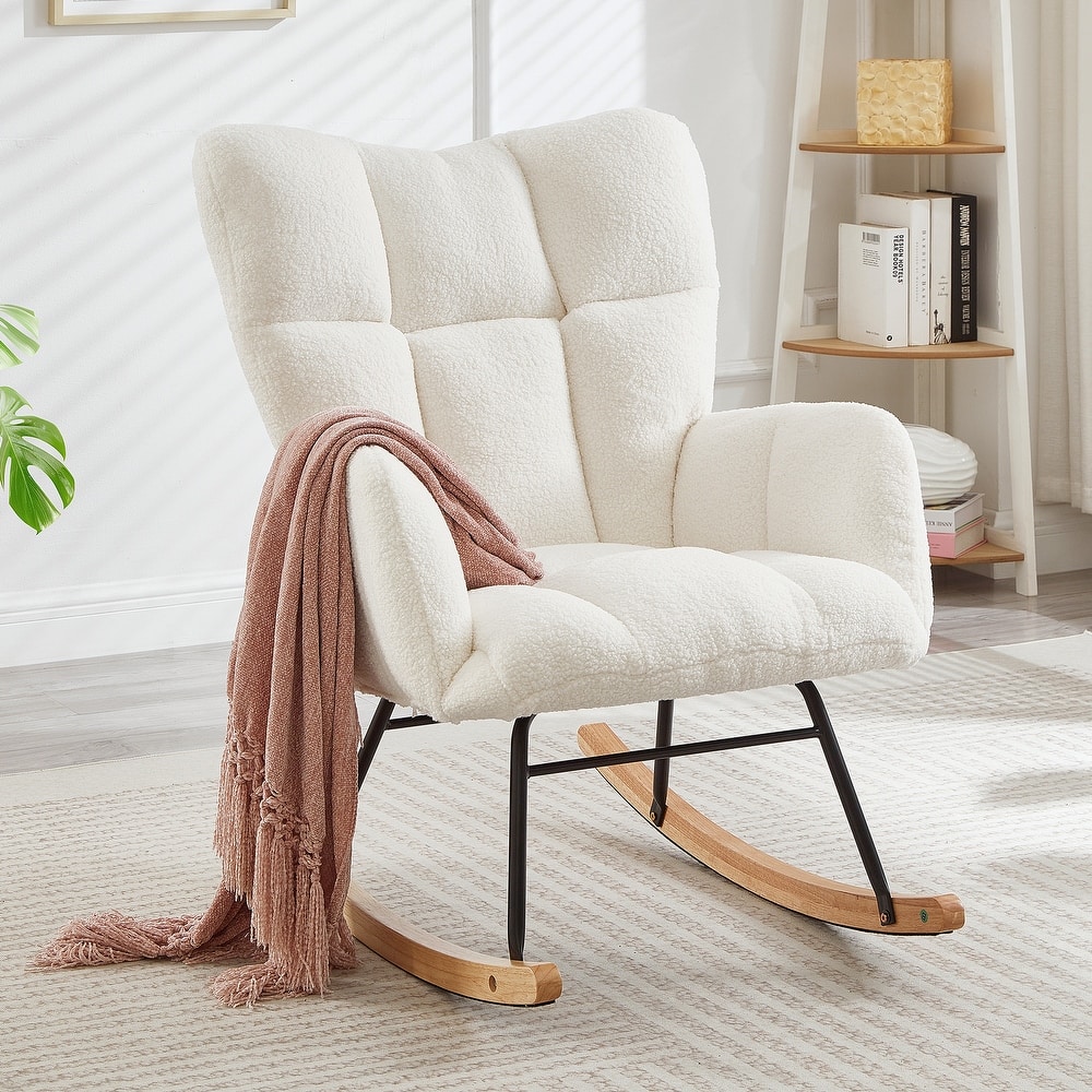 Glider Chair for Living Room Tufted Upholstered Teddy Fabric Rocking Chair with Metal Frame Accent Chair