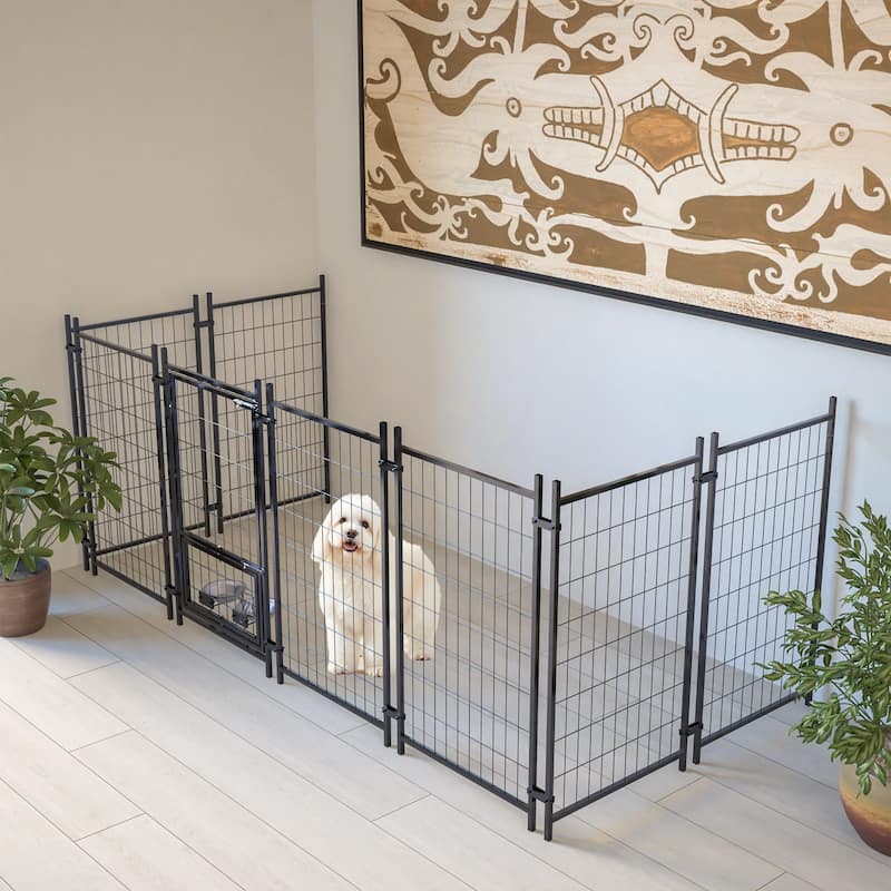 GDFStudio - Large Outdoor Heavy Duty Metal Dog Kennel with Roof, UV-Resistant Waterproof Cover, Double Lock & Rotating Feeder