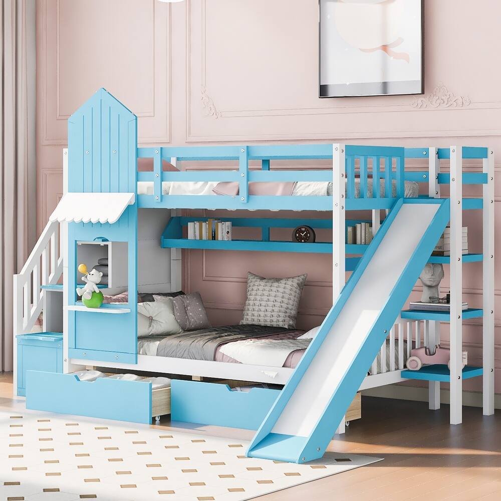 Castle Style Bunk Bed with 2 Drawers 3 Shelves and Slide