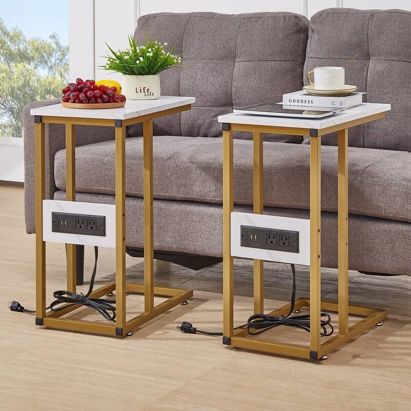 Javlergo Set of 2 C-Shaped End Tables with Charging Station Outlets & USB Fits Sofa Bed for Small Spaces Nightstand & Sofa Table