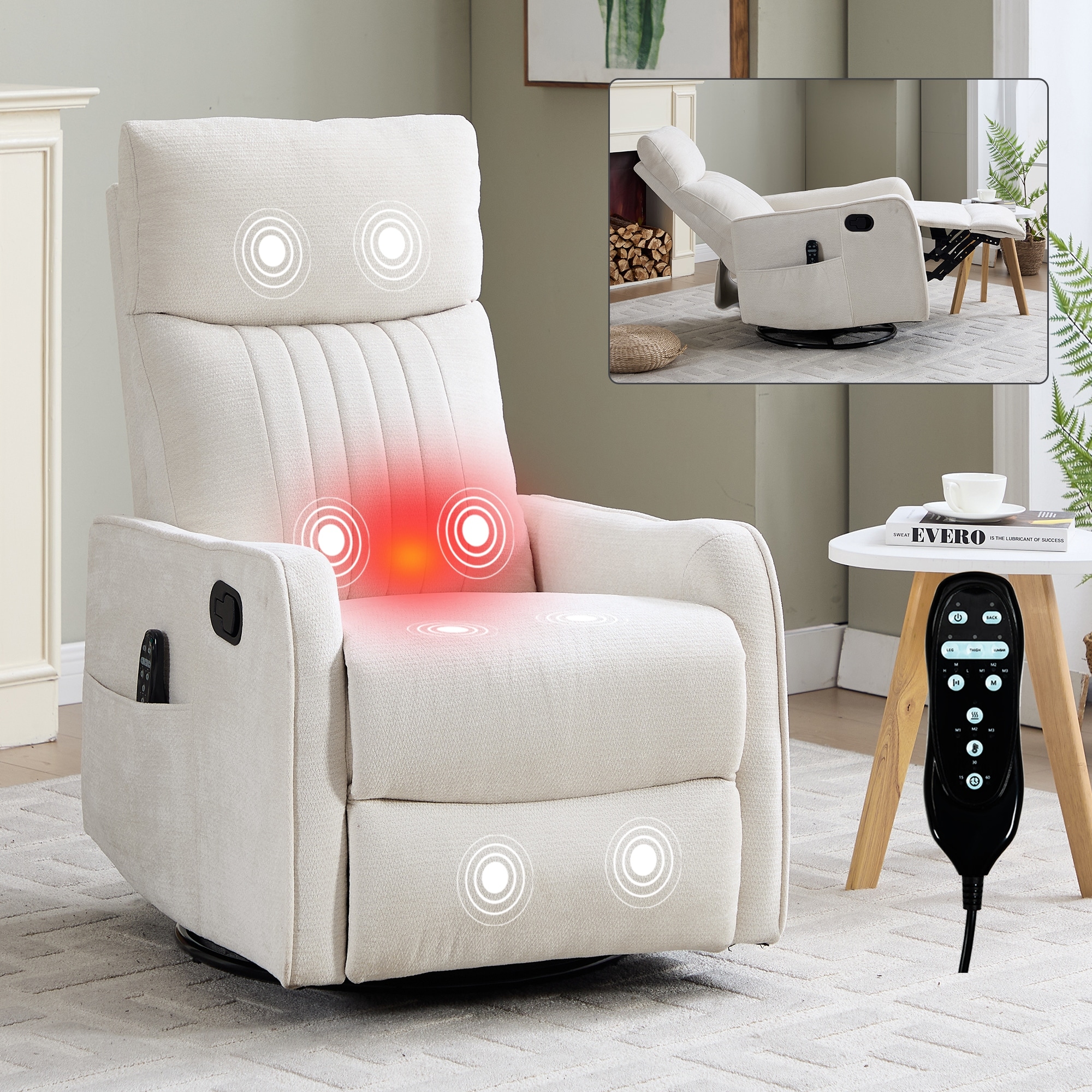 Heat Massage Manual Recliner Chair with Rocker and Swivel in Fabric for Living Room