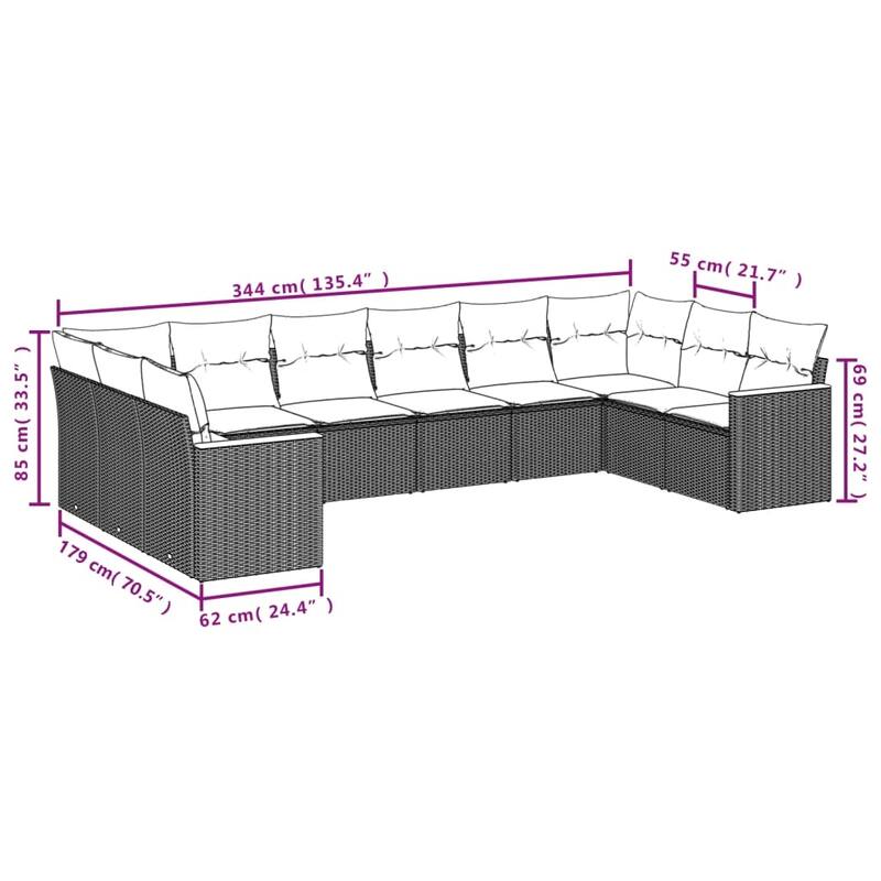 vidaXL Patio Sofa Set with Cushions Outdoor Conversation Furniture Poly Rattan - 24.4 x 24.4 x 27.2 in