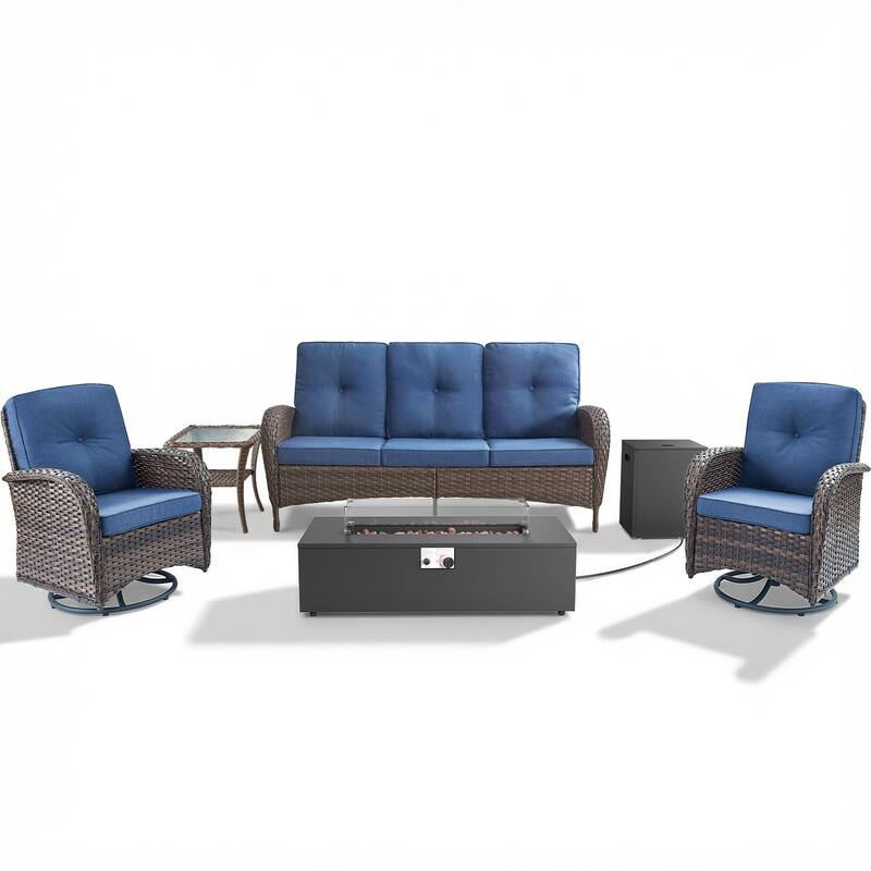 Pocassy 5/7 Piece Sofa Swivel Chair Ottoman with Fire Pit Table