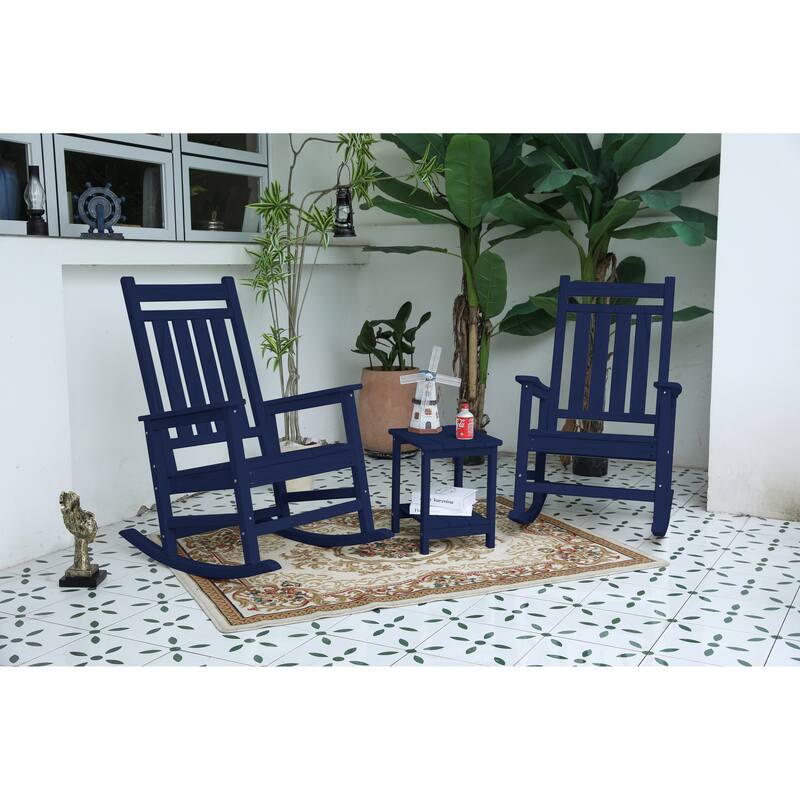 Outdoor Rocking Chair Set with Side Table, 3-Piece Rocking Chair Set with Wood-Texture,All Weather-resistant - Blue