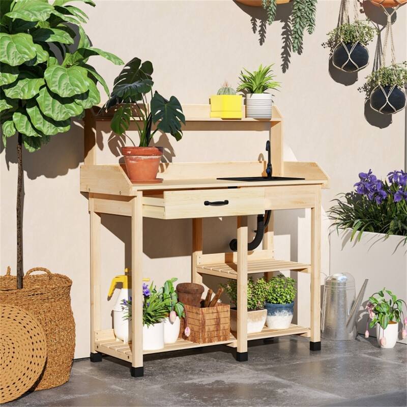 Garden Work Bench with Sink, Faucet, Storage Shelves & Hooks - 45.25" W x 17.75" D x 48.5" H - Off-White
