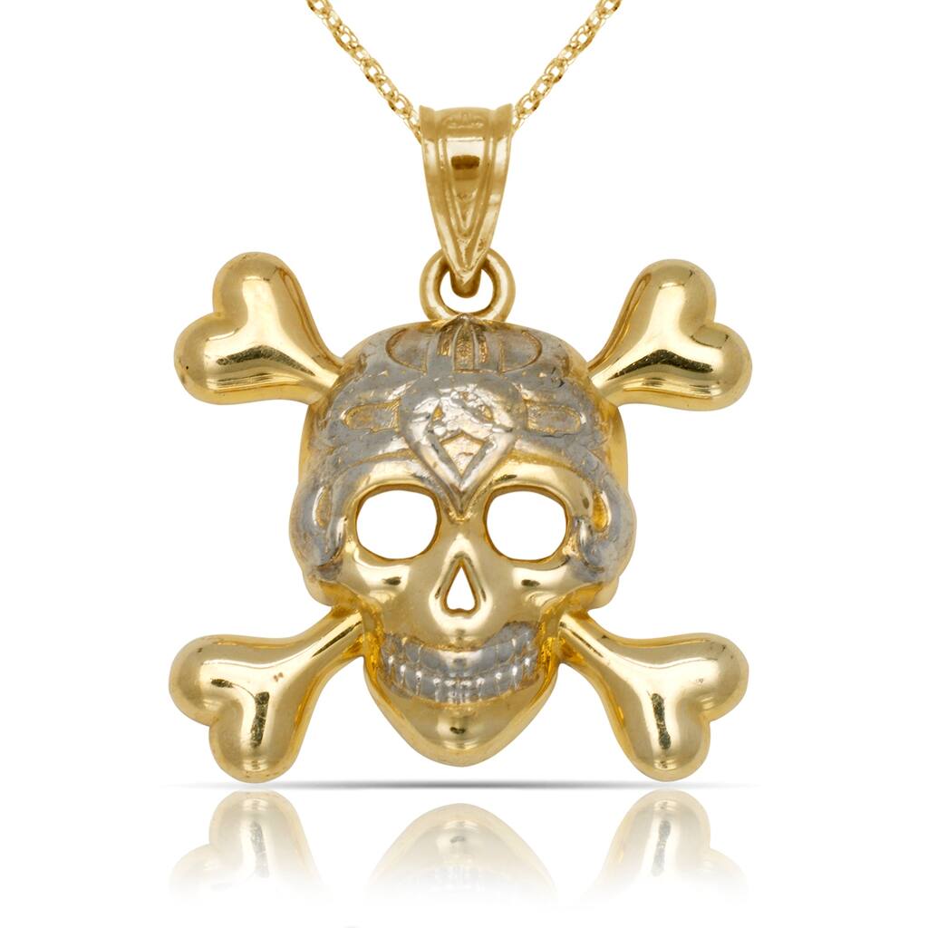 Curata 14K Yellow Gold with Rhodium 18" Skull and Crossbones Pendant Necklace Necklace