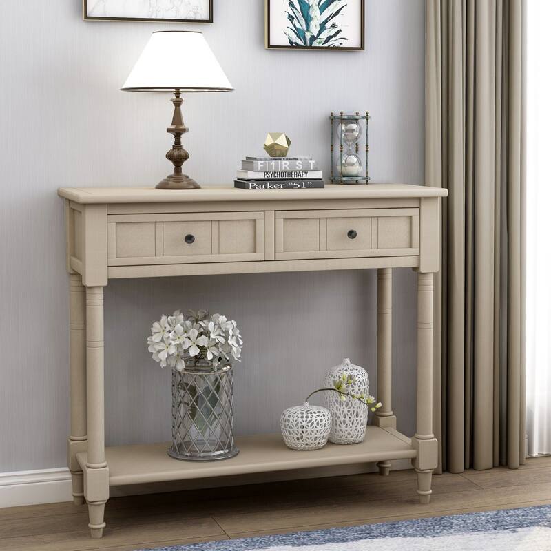 Daisy Series Farmhouse Console Table Solid Wood 2 Drawers Bottom Shelf Entryway - Antique Gray