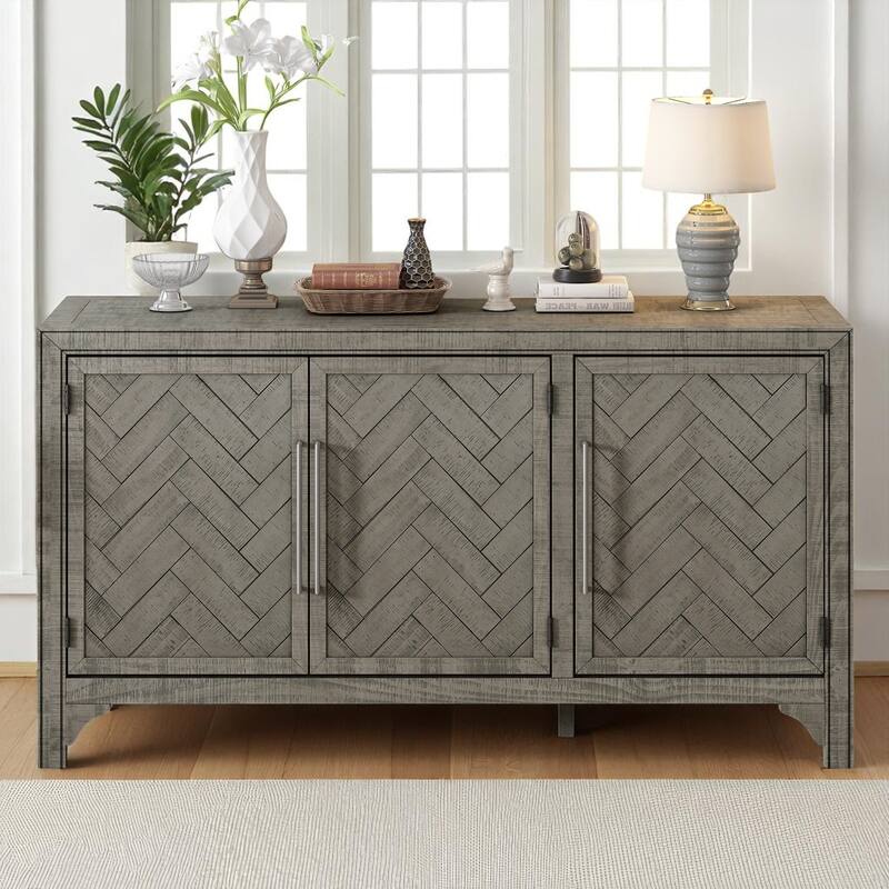 60" Storage Sideboard Cabinet with Pine Veneer, 3 Doors, Adjustable Shelves, MDF Frame for Entryway or Study Room - Grey