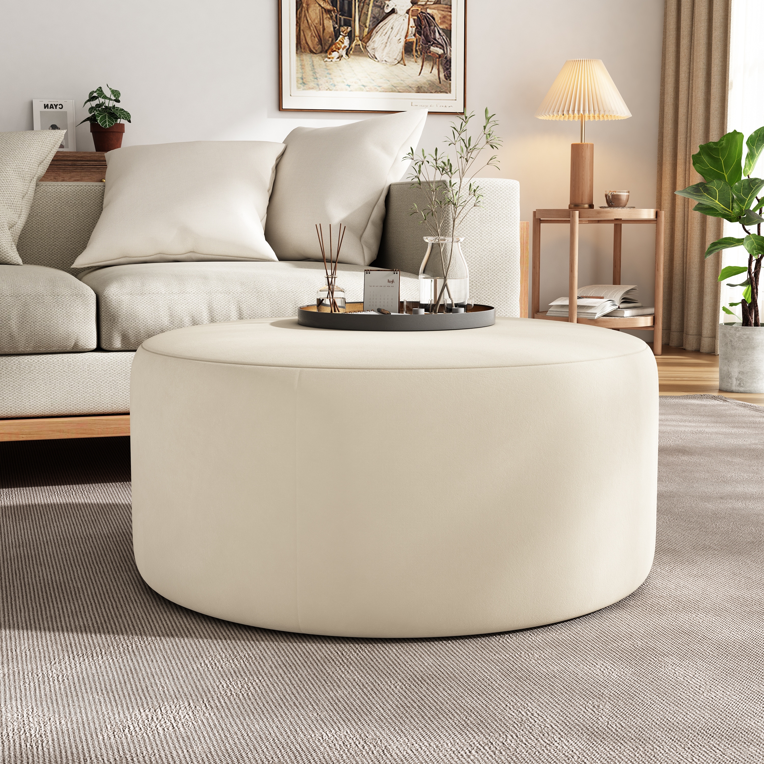 Round Velvet Ottoman with Plush Foam Cushion, Versatile Footrest and Extra Seating Stool for Living Room