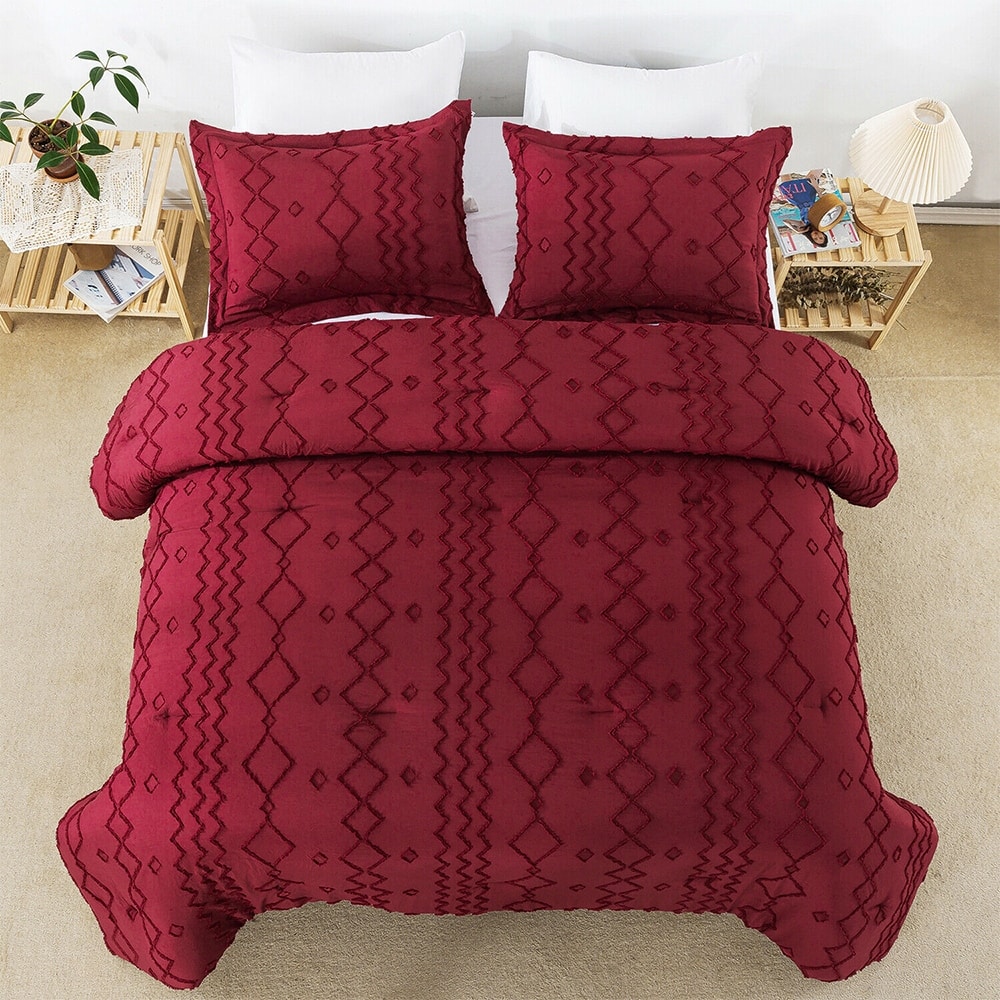 3PCS Tufted Comforter Boho Shabby Chic Geometry Twin Burgundy - Bed ...