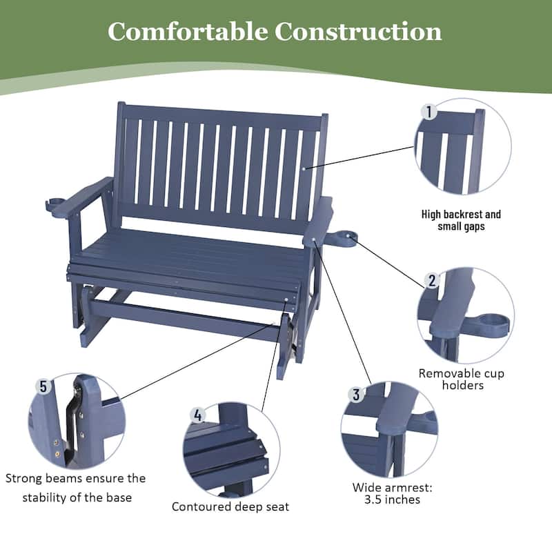 Fortune Candy HIPS Patio Glider 2-Seat with Cup Holders, Heavy Duty 900 LB, All-Weather Resistant