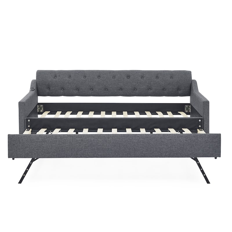 Dark Gray Twin Size Upholstery Daybed with Erectable Trundle & USB Design