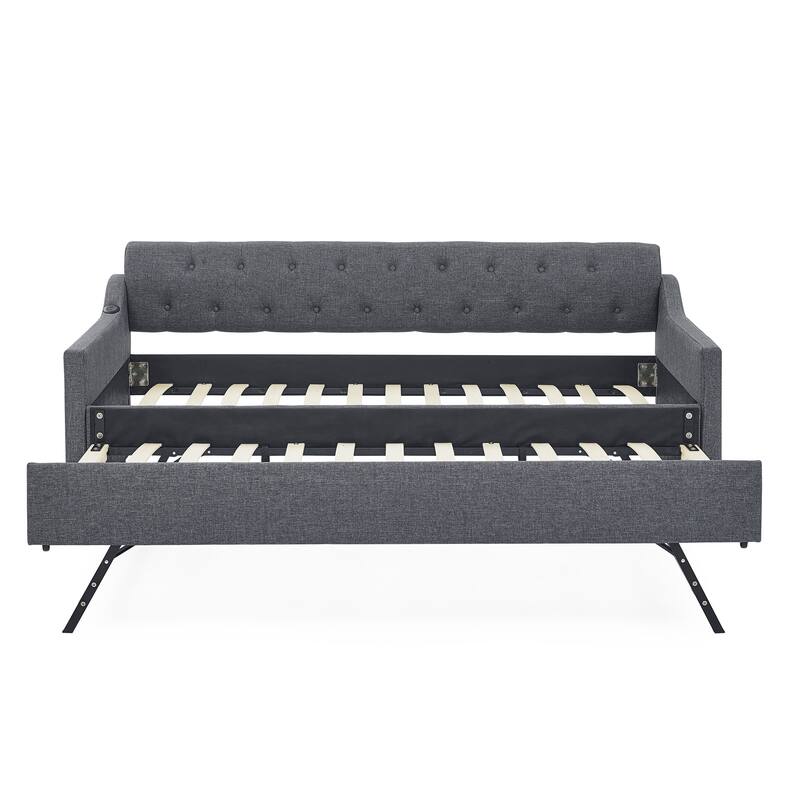 Twin Size Upholstery Daybed with Twin Size Erectable Trundle and USB Charging Design