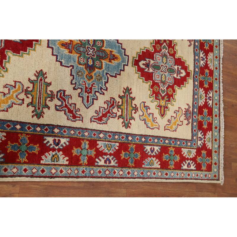 Ivory Geometric Kazak Oriental Accent Rug Handmade Wool Carpet - 3'7" x 5'2"