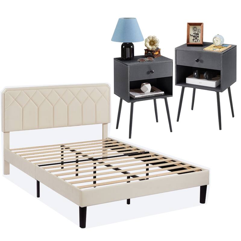 VECELO 3-Pieces Upholstered Platform Bed Frame with Adjustable Headboard and Nightstands Set of 2, Beige