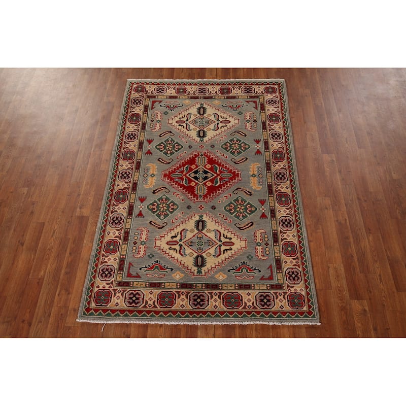 Geometric Grey Kazak Area Rug Hand-Knotted Oriental Wool Carpet - 4'0" x 6'2"