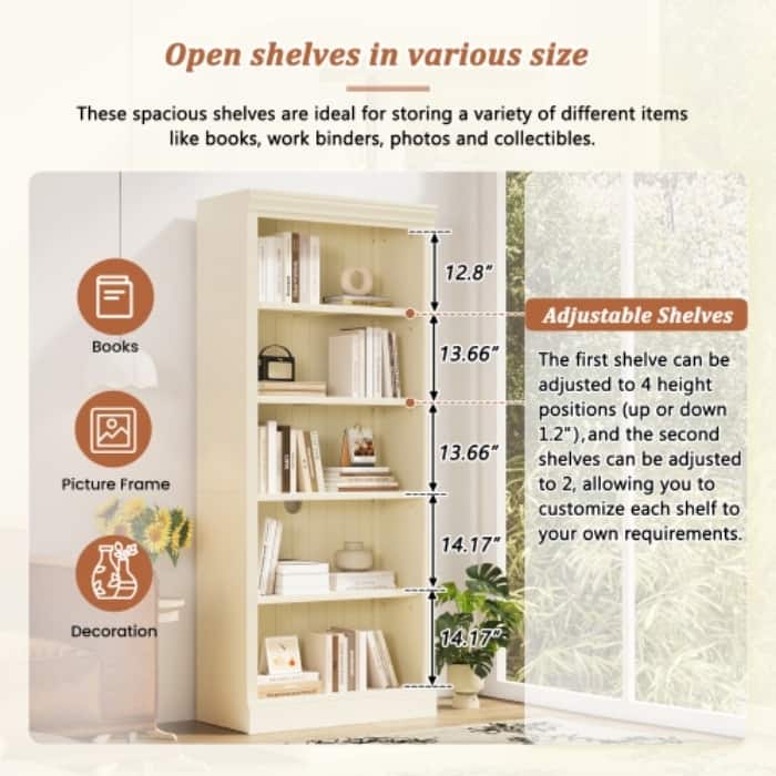 83.4" Tall Bookcase with Light Strip - 5-Tier Adjustable Shelves, CD/Book Storage
