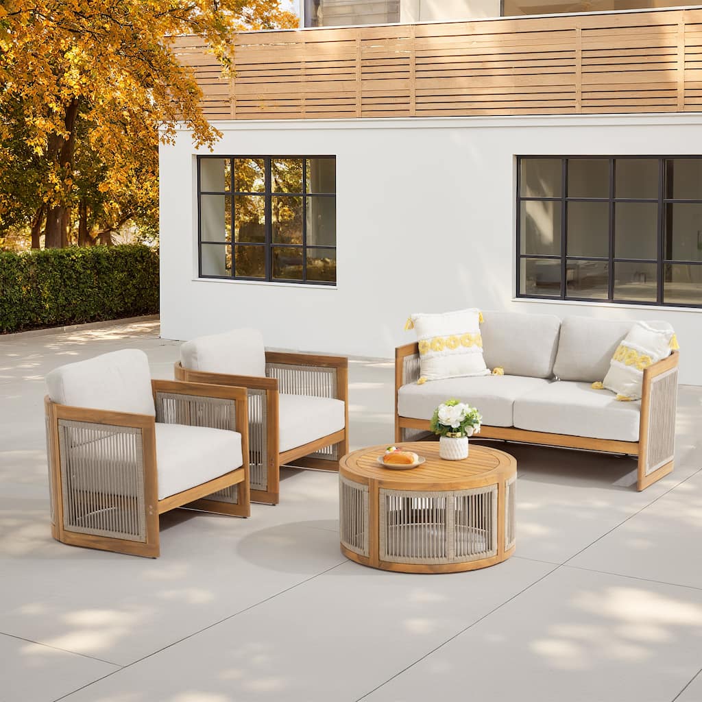 Outdoor 4-Piece Wood Sofa Set With Round Coffee Table